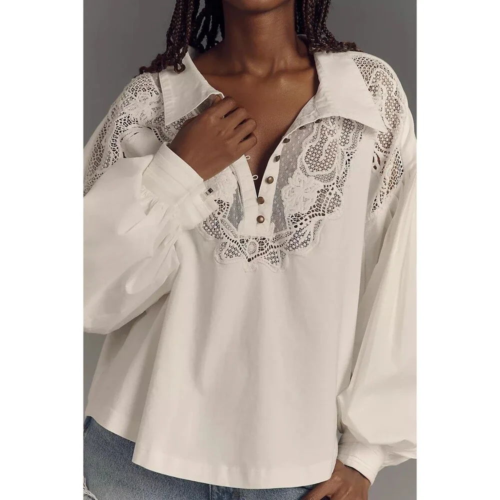 Maeve Anthropologie Puff-Sleeve Collared Yoke Blouse Top Embroidered S 280241